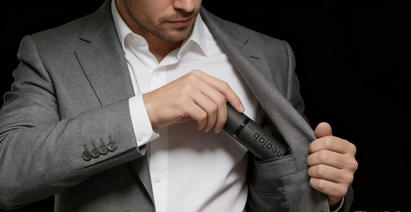 NeolabCare Pocket Ritual — man placing bottle in jacket pocket